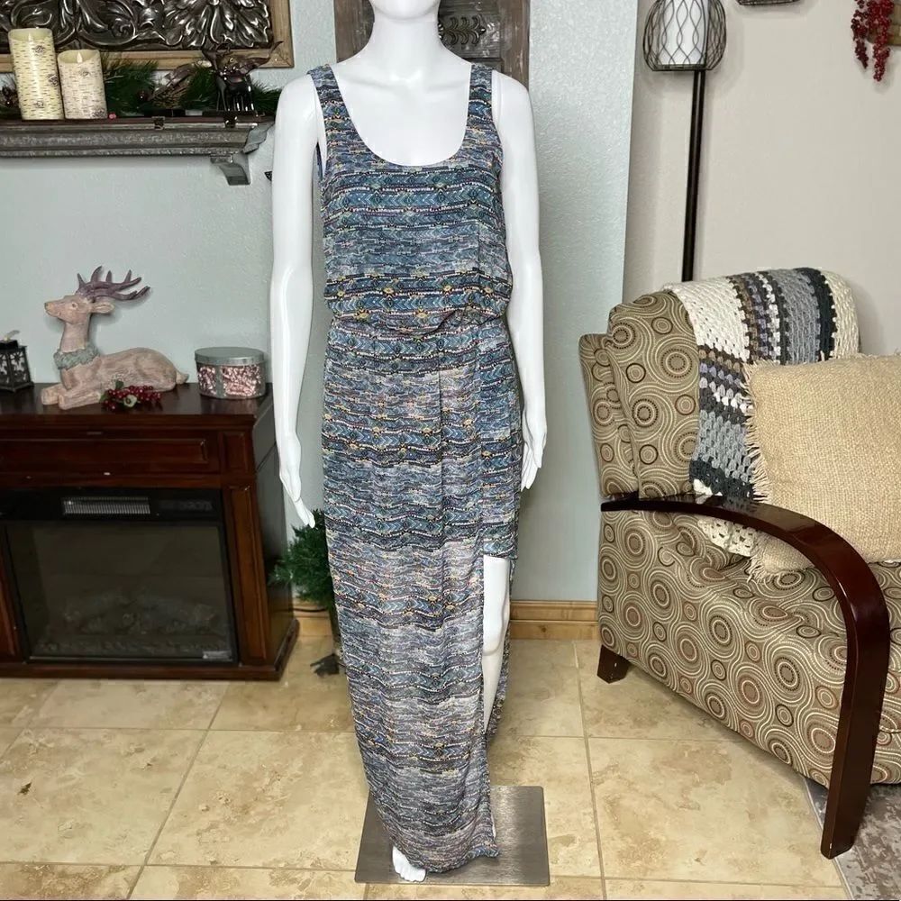 Lush Aztec Tribal Multicolored Pattern Side Slit Sleeveless Maxi SunDress Small